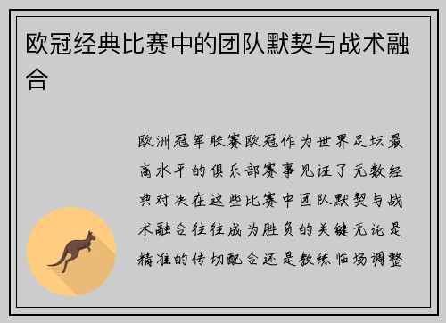 欧冠经典比赛中的团队默契与战术融合