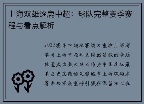 上海双雄逐鹿中超：球队完整赛季赛程与看点解析